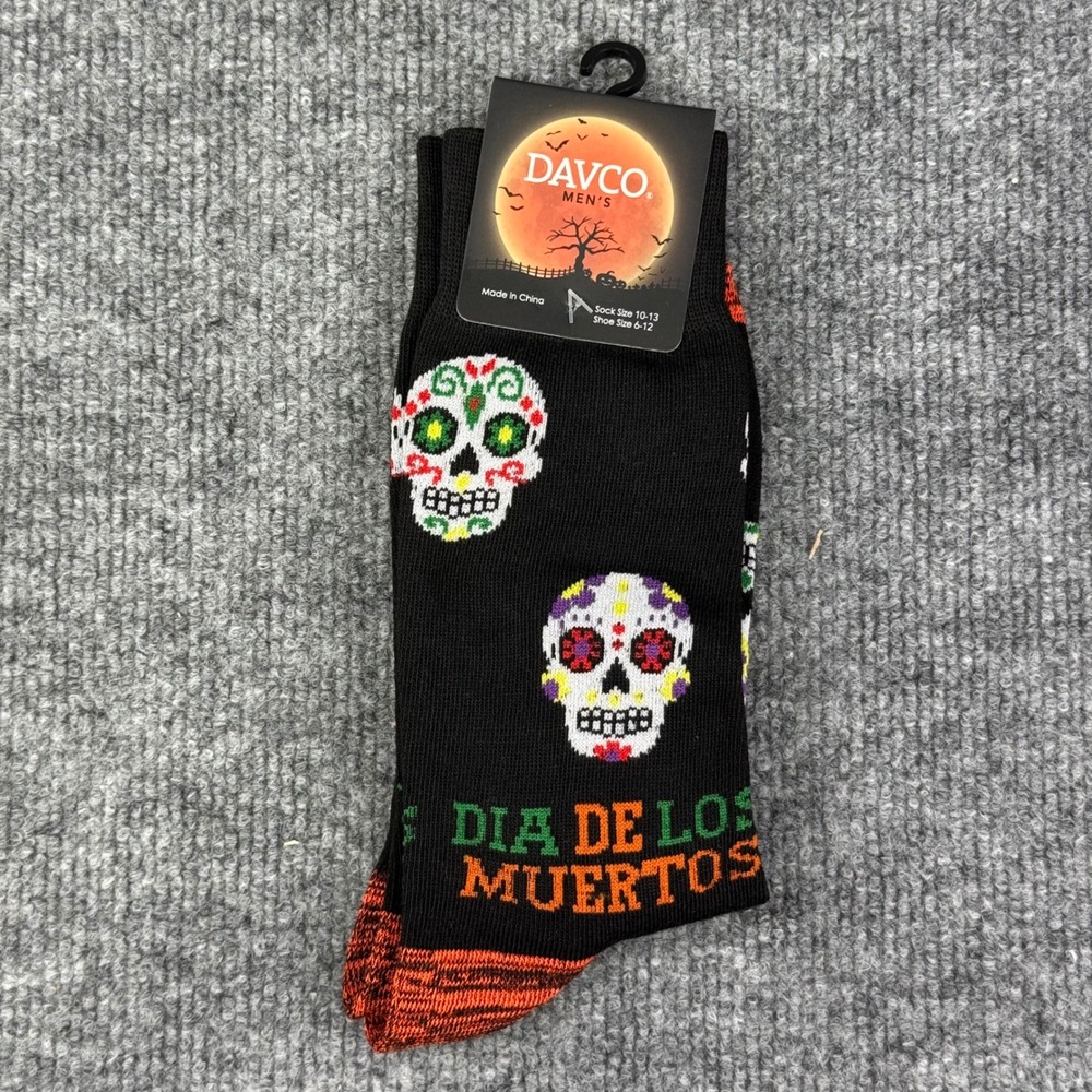 Davco Mens Dia De Los Muertos Sugar Skull Crew Socks Black Size 10-13 Shoe 6-12